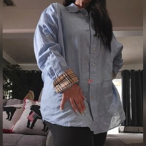 Burberry London Linen Blue Button-Up Shirt with Plaid Cuffs